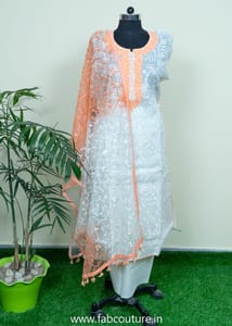 Off White Cotton Embroidered Suit With Cotton Bottom And Net Embroidered Dupatta