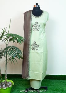 Green Cotton Flex Embroidered Suit With Cotton Bottom And Chiffon Dupatta