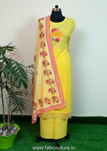 Yellow Cotton Embroidered Suit With Cotton Bottom And Muslin Dupatta