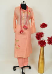 Peach Chanderi Embroidered Shirt With Cotton Lower And Majenta Cotton Crush Dupatta