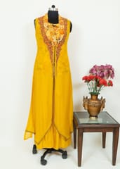 Yellow Color Viscose Organza Embroidered Jacket with Yellow Chinon Chiffon Printed Top with Rayon Palazzo