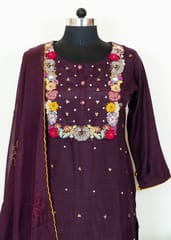 Wine Color Dola Silk Embroidered Shirt with Dola Silk Pant and Viscose Organza Embroidered Dupatta