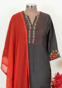 Grey Color Muslin Embroidered Shirt With Rayon Pant And Color Chiffon Dupatta