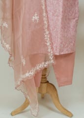 Peach Color Muslin Thread Embroidered Shirt With Muslin Bottom and Organza Embroidered Dupatta