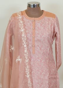 Peach Color Muslin Thread Embroidered Shirt With Muslin Bottom and Organza Embroidered Dupatta