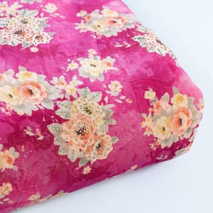 Pink Color Velvet Print with Multi Color Saroaski Embroidered Fabric