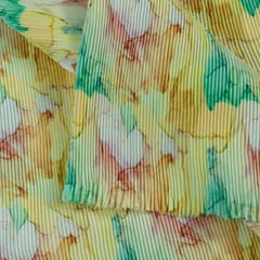 Yellow Color Pleated Satin Printed Fabric