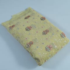 Lemon Color Viscose Organza Multicolor Thread and Sequins Embroidered Fabric