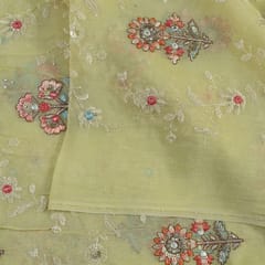 Lemon Color Viscose Organza Multicolor Thread and Sequins Embroidered Fabric