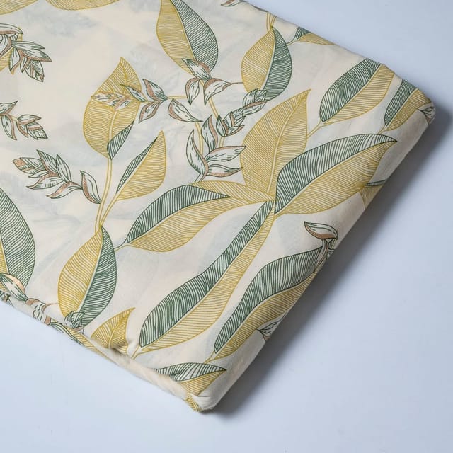 Cream and Green Color Cotton Print  Fabric with Gold Highlight