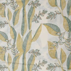 Cream and Green Color Cotton Print  Fabric with Gold Highlight