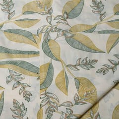 Cream and Green Color Cotton Print  Fabric with Gold Highlight