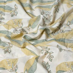 Cream and Green Color Cotton Print  Fabric with Gold Highlight