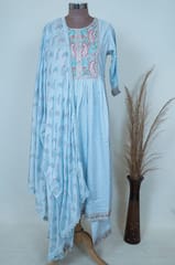 Sky Blue Color Cotton Kurta with Pant and Dupatta Set