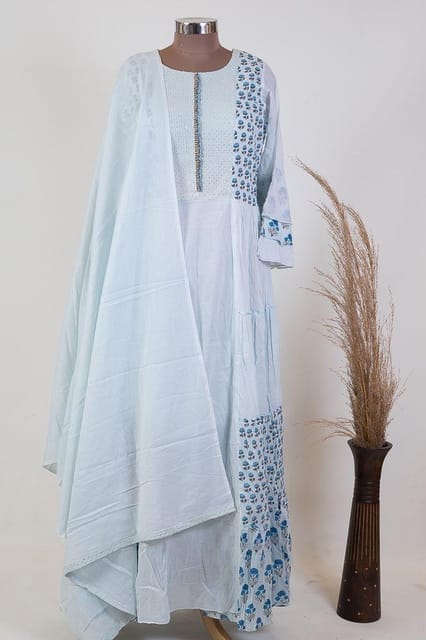 Powder Blue Color Cotton Print with Embroidered Skirt and Cotton Dupatta