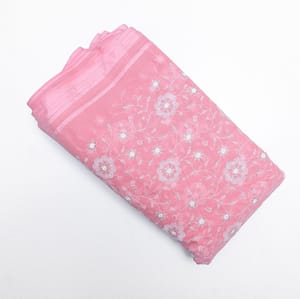 Pink Color Kota Doria Embroidered Fabric