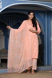 Peach Color Printed Jam Cotton Shirt with Cotton Bottom and Printed Chinon Chiffon Dupatta