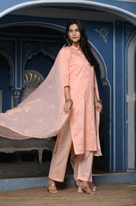 Peach Color Printed Jam Cotton Shirt with Cotton Bottom and Printed Chinon Chiffon Dupatta