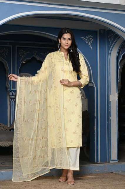 Lemon Color Printed Jam Cotton Shirt with Cotton Bottom and Printed Chinon Chiffon Dupatta