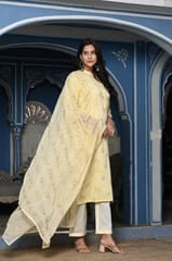 Lemon Color Printed Jam Cotton Shirt with Cotton Bottom and Printed Chinon Chiffon Dupatta