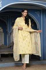 Lemon Color Printed Jam Cotton Shirt with Cotton Bottom and Printed Chinon Chiffon Dupatta