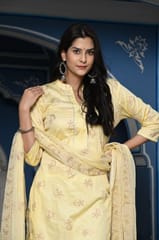 Lemon Color Printed Jam Cotton Shirt with Cotton Bottom and Printed Chinon Chiffon Dupatta