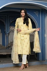 Lemon Color Printed Jam Cotton Shirt with Cotton Bottom and Printed Chinon Chiffon Dupatta