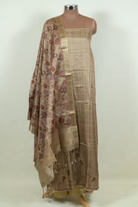 Fawn Color Print with Embroidered Dupion Silk Shirt with Bottom and Printed Silk Dupatta