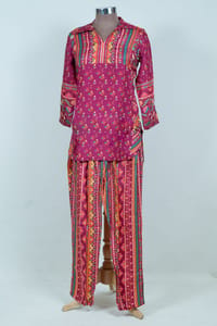 Majenta Color Printed Muslin Top and Printed Pant