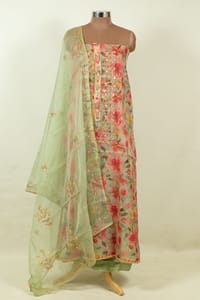 Green Color Organza Embroidered Shirt with Bottom and Organza Embroidered Dupatta