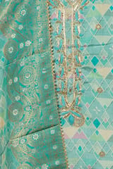 Firozi Color Banarasi Silk Print with Embroidered Shirt with Bottom and Printed Banarsi Silk Dupatta