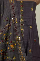 Movish Grey Color Khadi Silk Kantha Embroidered Shirt with Bottom and Khadi Silk Embroidered Dupatta