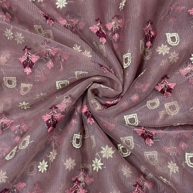 Dull Pink Color Net Embroidered Fabric