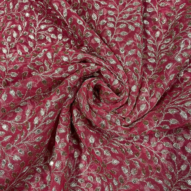 Pink Color Net Embroidered Fabric