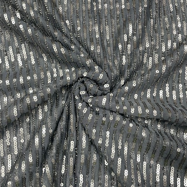 Dark Grey Color Net Sequins Embroidered Fabric