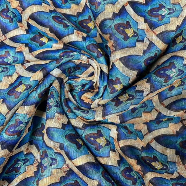 Blue Color Semi Chanderi Printed Fabric