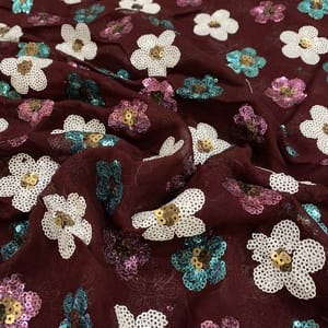 Wine Colour Georgette Sequins Embroidered Fabric (1.80Meter Piece)