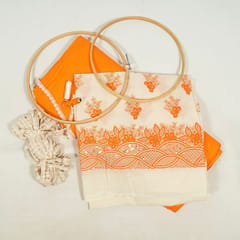 Cream Color Cotton Embroidered Fabric with Lace and Orange Color Cotton Cambric Fabric DIY Set