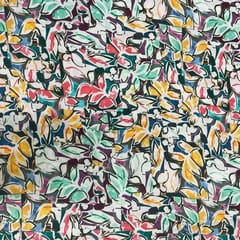 White Multicolor Leaves Rayon Printed Fabric