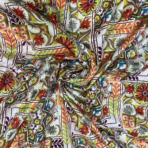 OFF White Multicolor Geometric Chanderi Printed Fabric