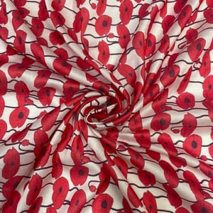 White Red Abstract Pure Chanderi Printed Fabric