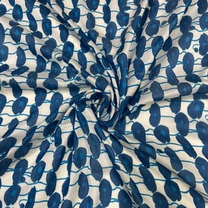 White Blue Abstract Pure Chanderi Printed Fabric