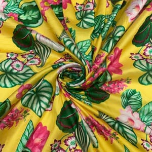 Yellow Green Floral Pure Chanderi Printed Fabric