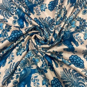 Off White Blue Elephant Pure Chanderi Printed Fabric