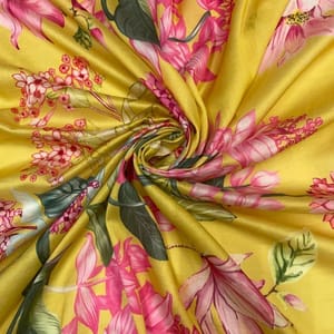 Yellow Color Floral Pure Chanderi Printed Fabric