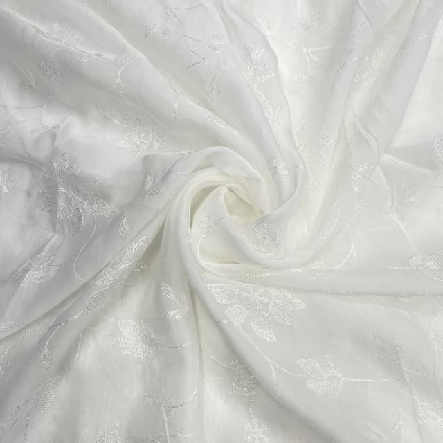 White Color Floral Dyeable Organza Embroidered Fabric