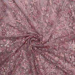 Onion Pink Color Geometric Embroidered Net Fabric