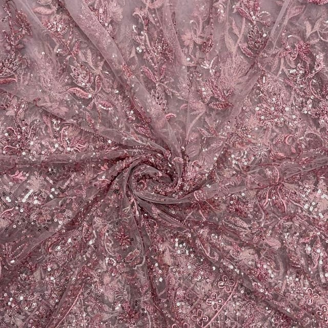 Onion Pink Color Geometric Embroidered Net Fabric