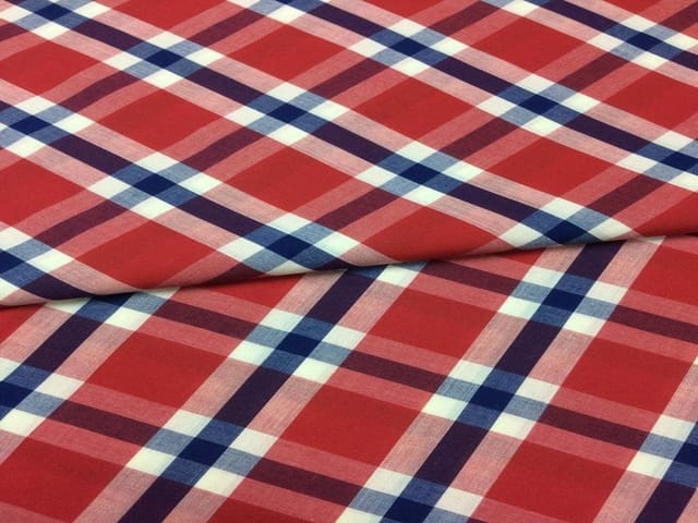 Maroon Blue Yarn Dyed Cotton Check Fabric