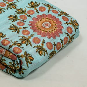 Sky Blue Color Cotton Leno Floral Digital Printed Fabric